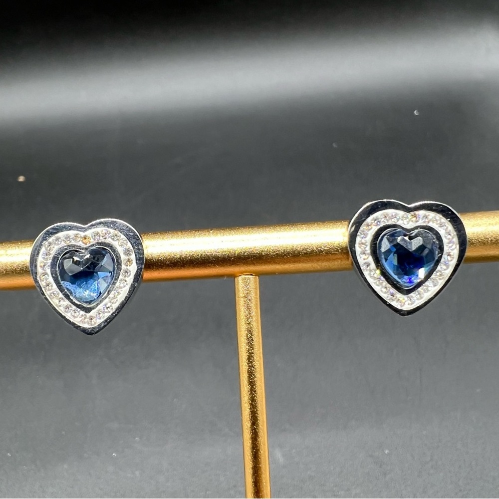 Blue Heart Rhinestone Halo Stud Earrings Silver Tone Romantic Elegant